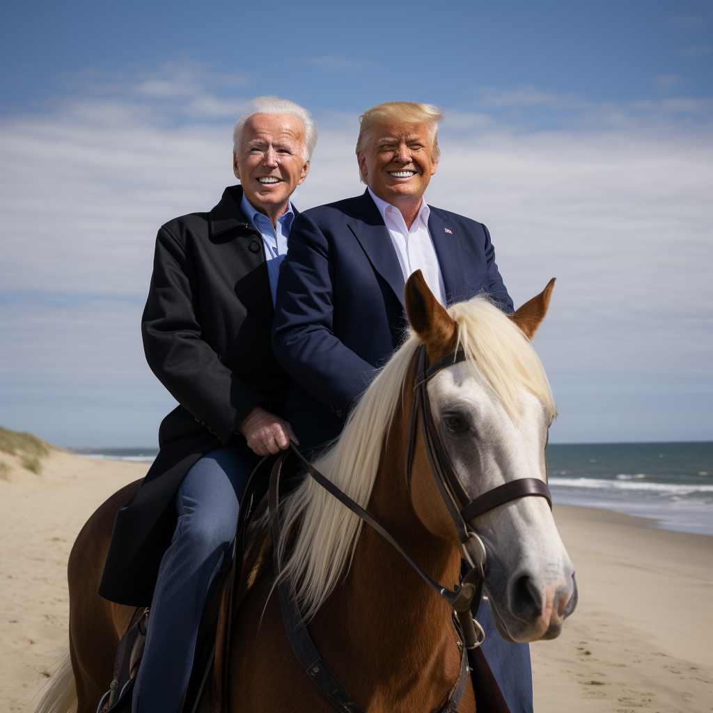 Joe Biden and Donald Trump riding horse on beach