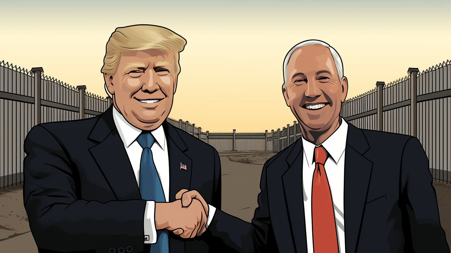 Biden and Trump shaking hands at border wall