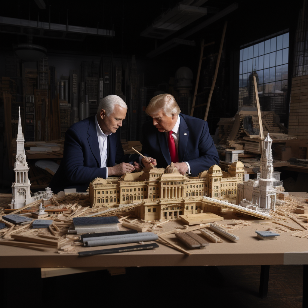 Joe Biden and Donald Trump modeling airplanes