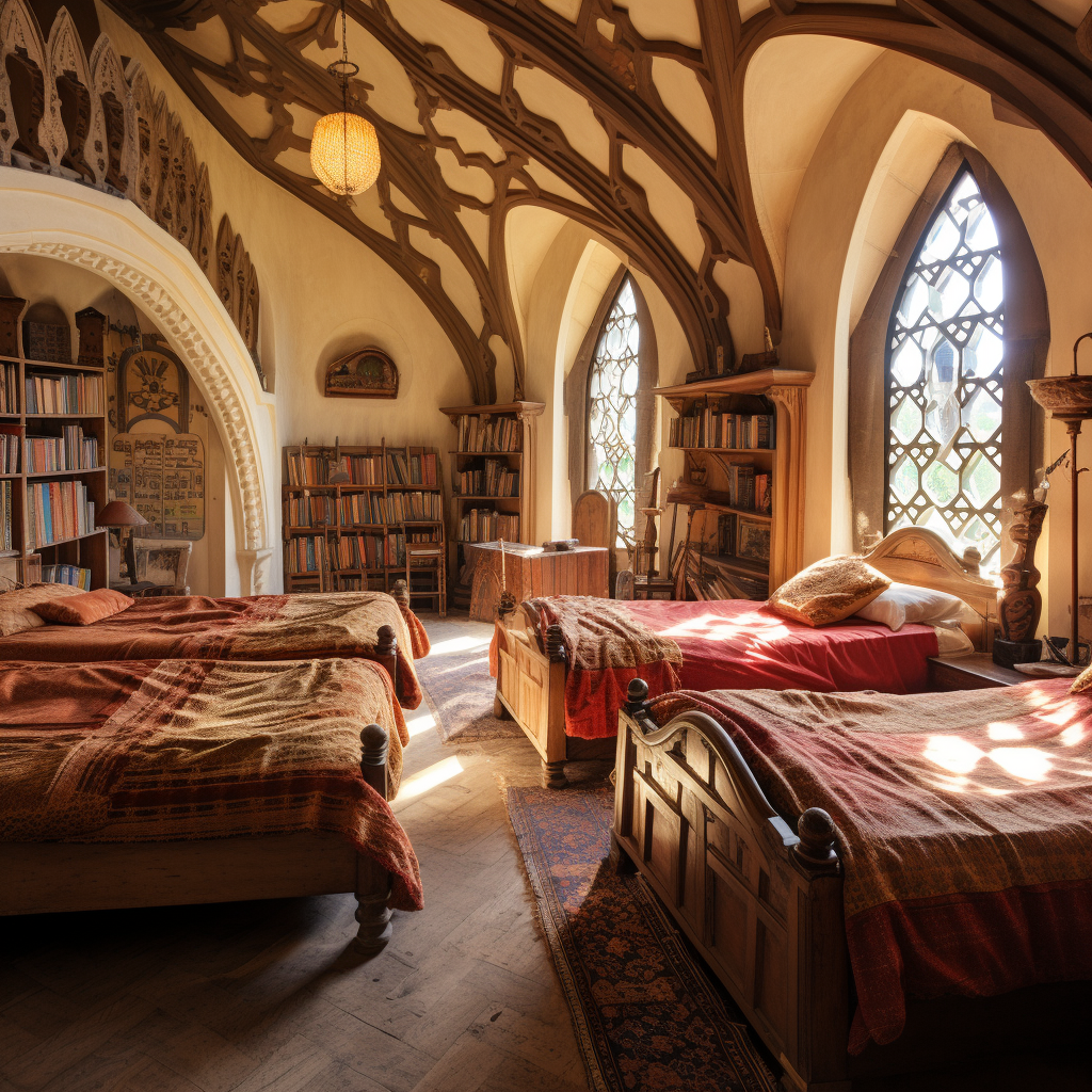 Cozy bedroom with three beds and books