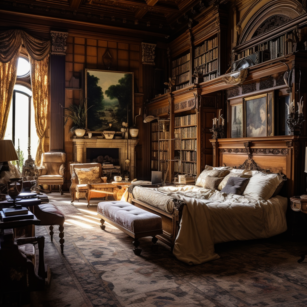 Cozy bedroom with books in castle