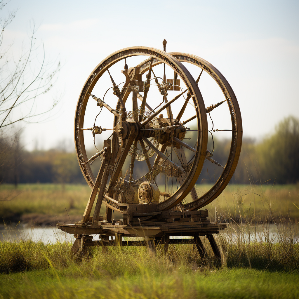 Large charkha spinning cotton in grass field