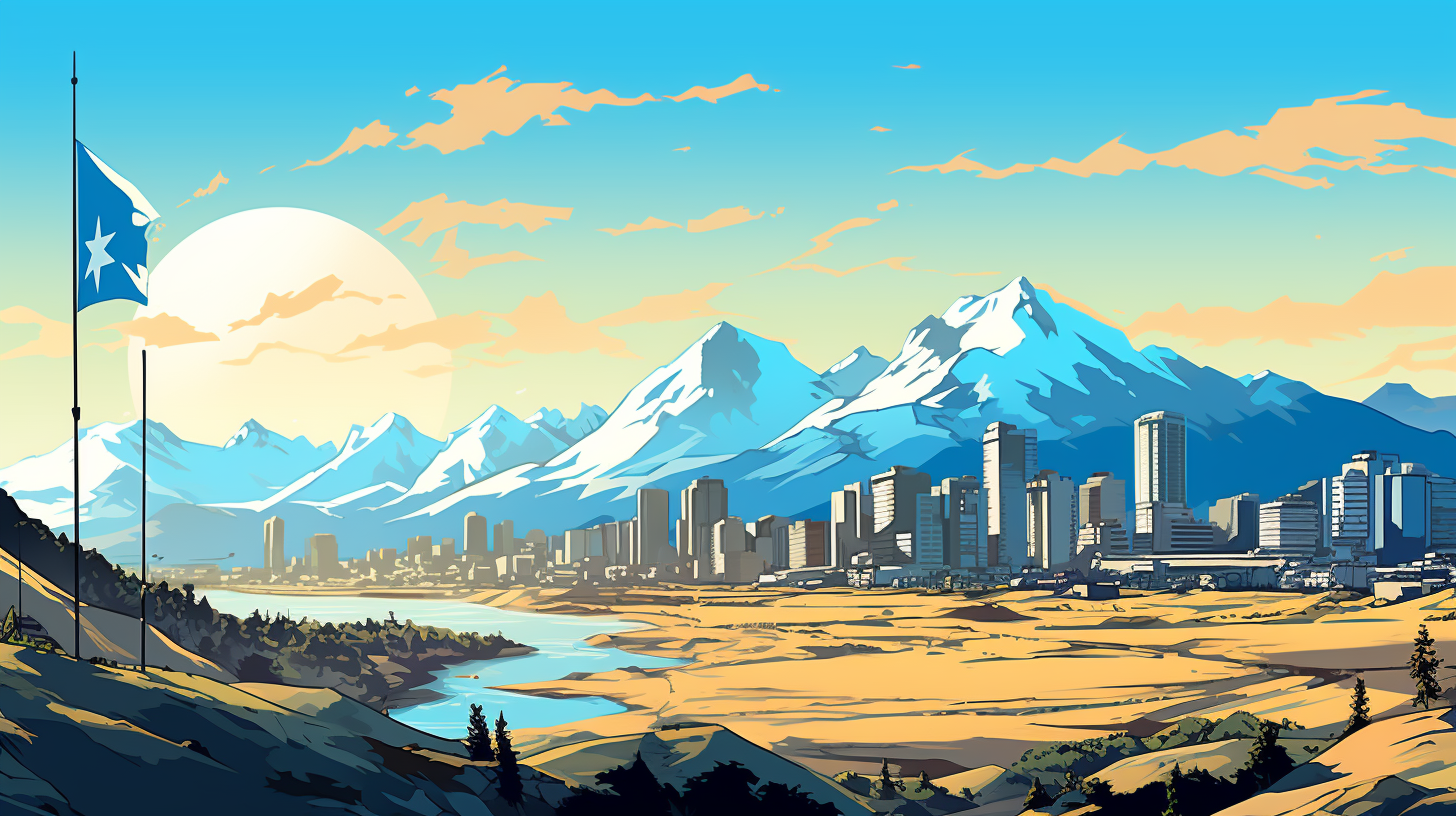 Manga-style big city landscape with mountains and Uruguay flag