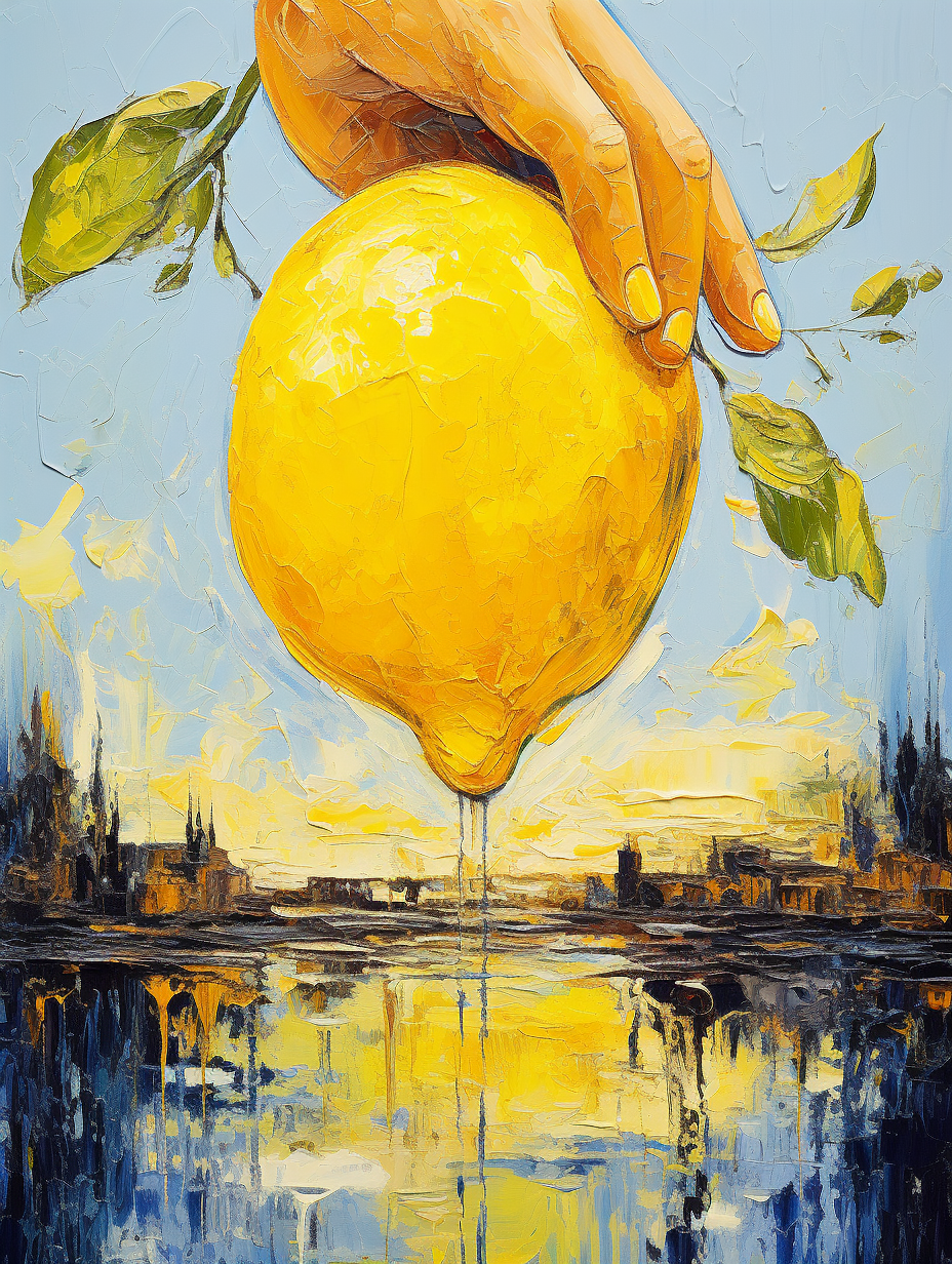 Acrylic painting of a bold lemon in a hand