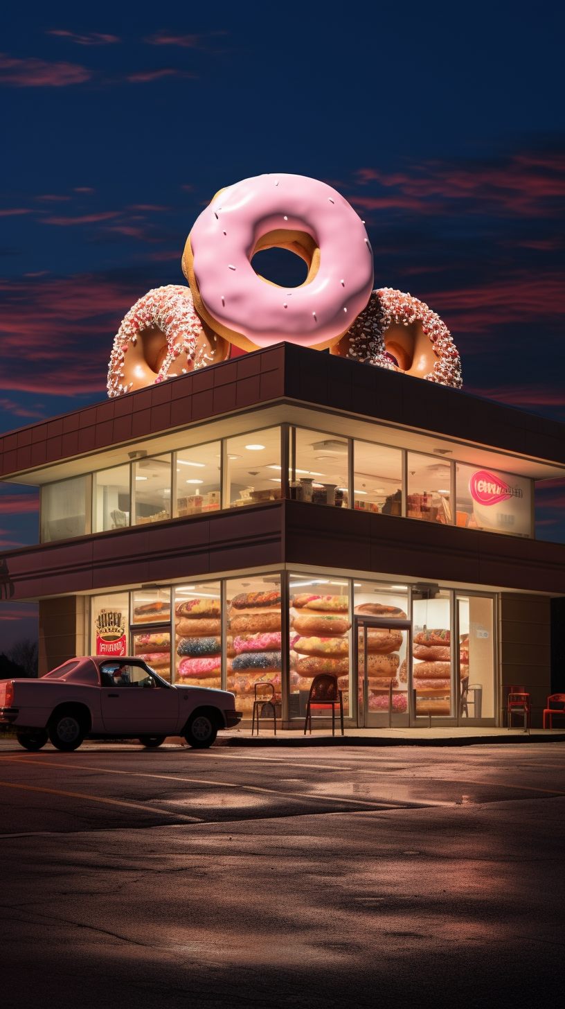 Realistic photo of a big donut shop