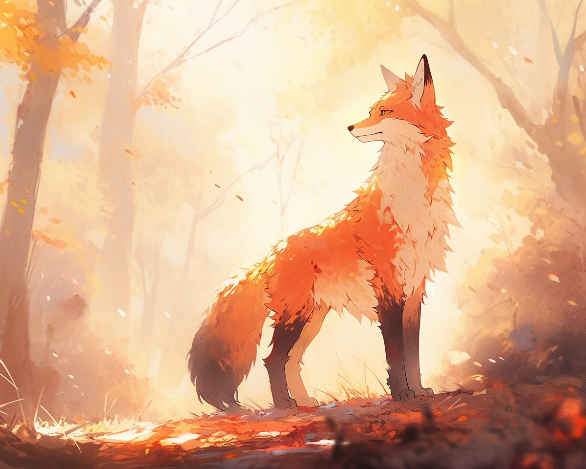 Beautiful watercolor painting of a big fox in a forest