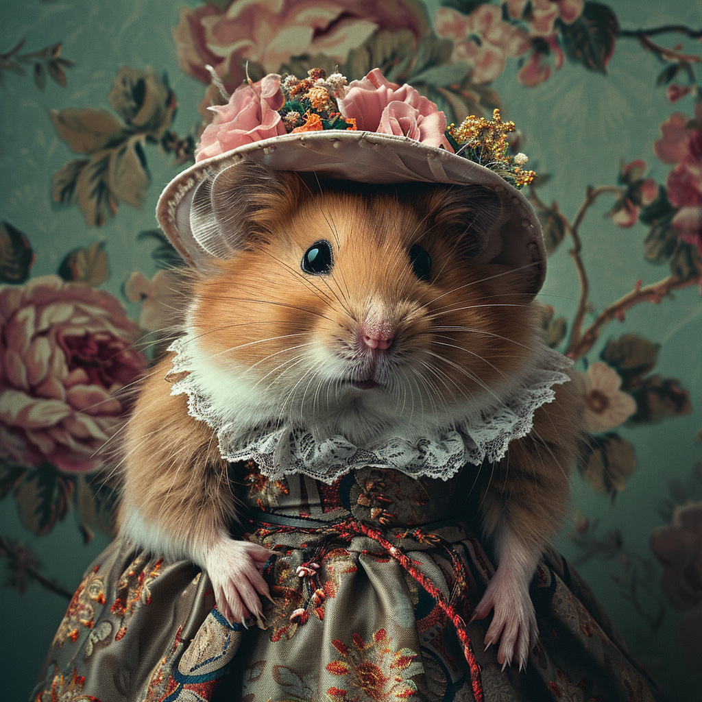 Big hamster in dress with fancy hat, makeup, and shoe on a dresser