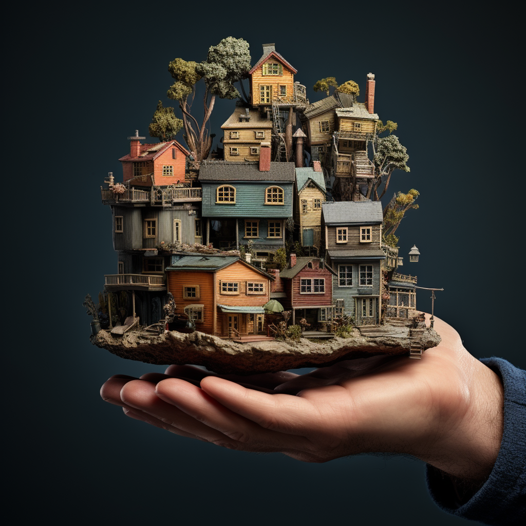 A person's hand carrying an entire house