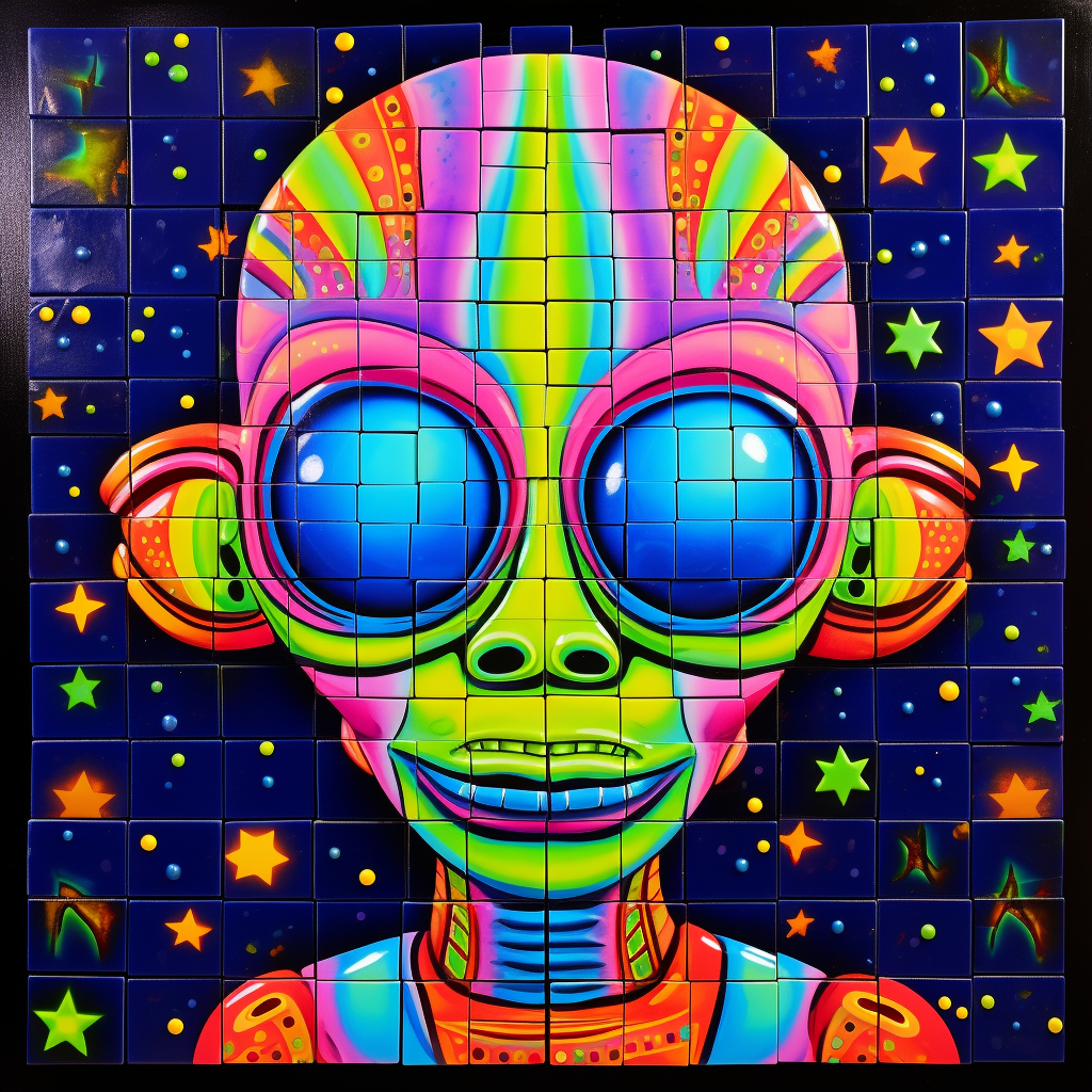 Colorful mosaic of an alien smoking