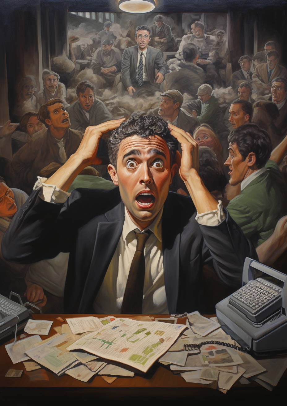 Retro oil painting depicting big interview panic