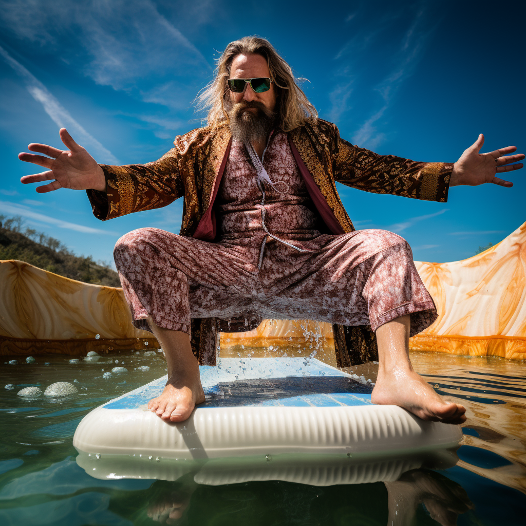 Big Lebowski doing Extreme Yoga Pose on a SUP