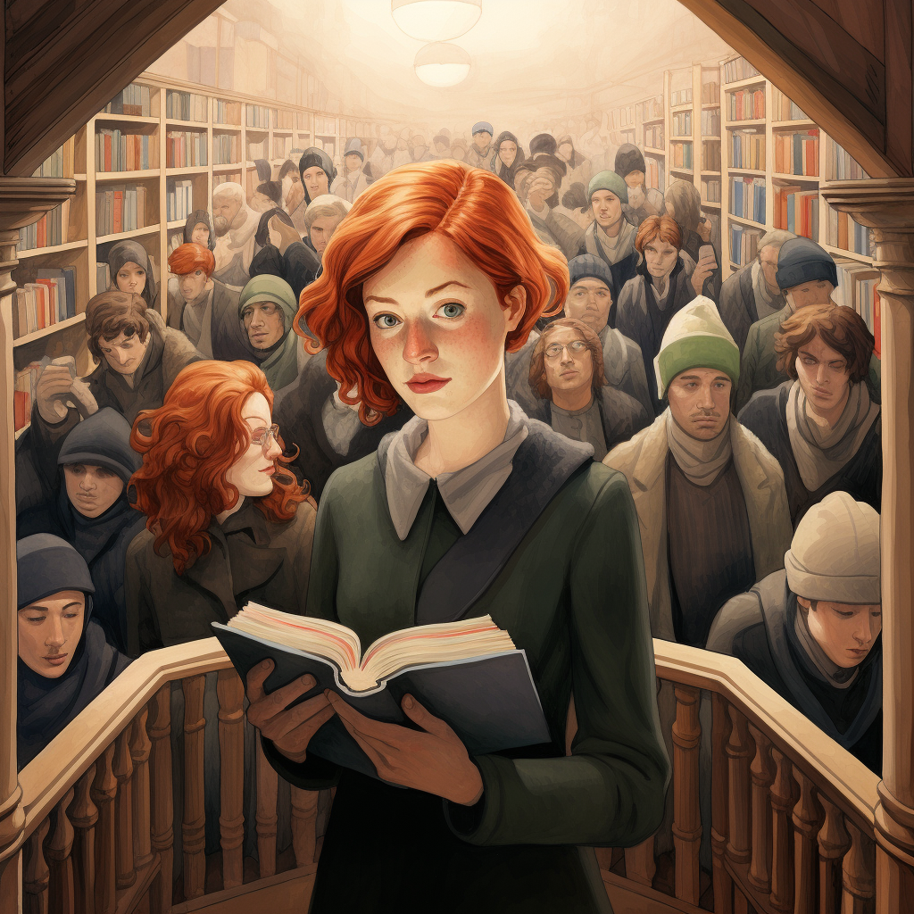 Redhead female reader in big library surrounded by books