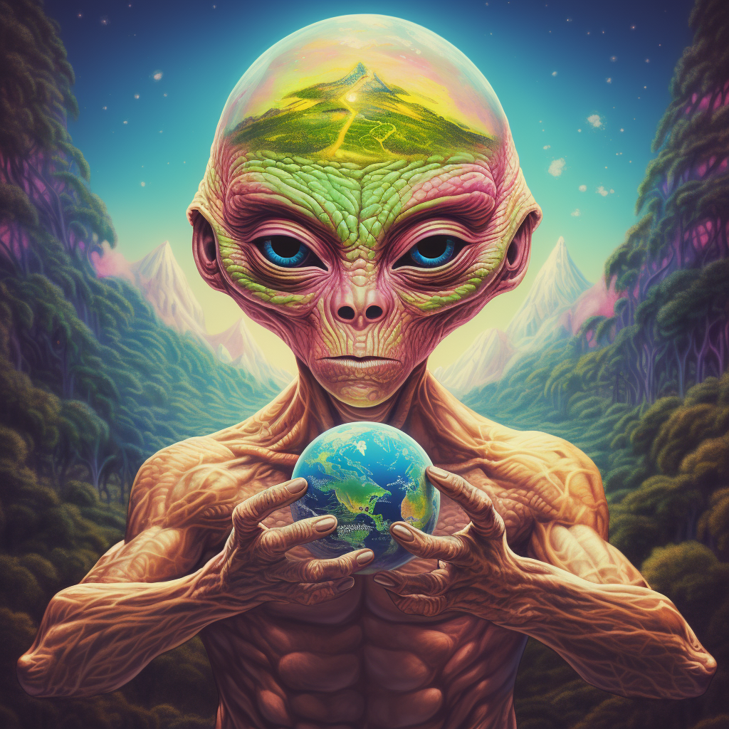 Psychedelic alien holding Earth