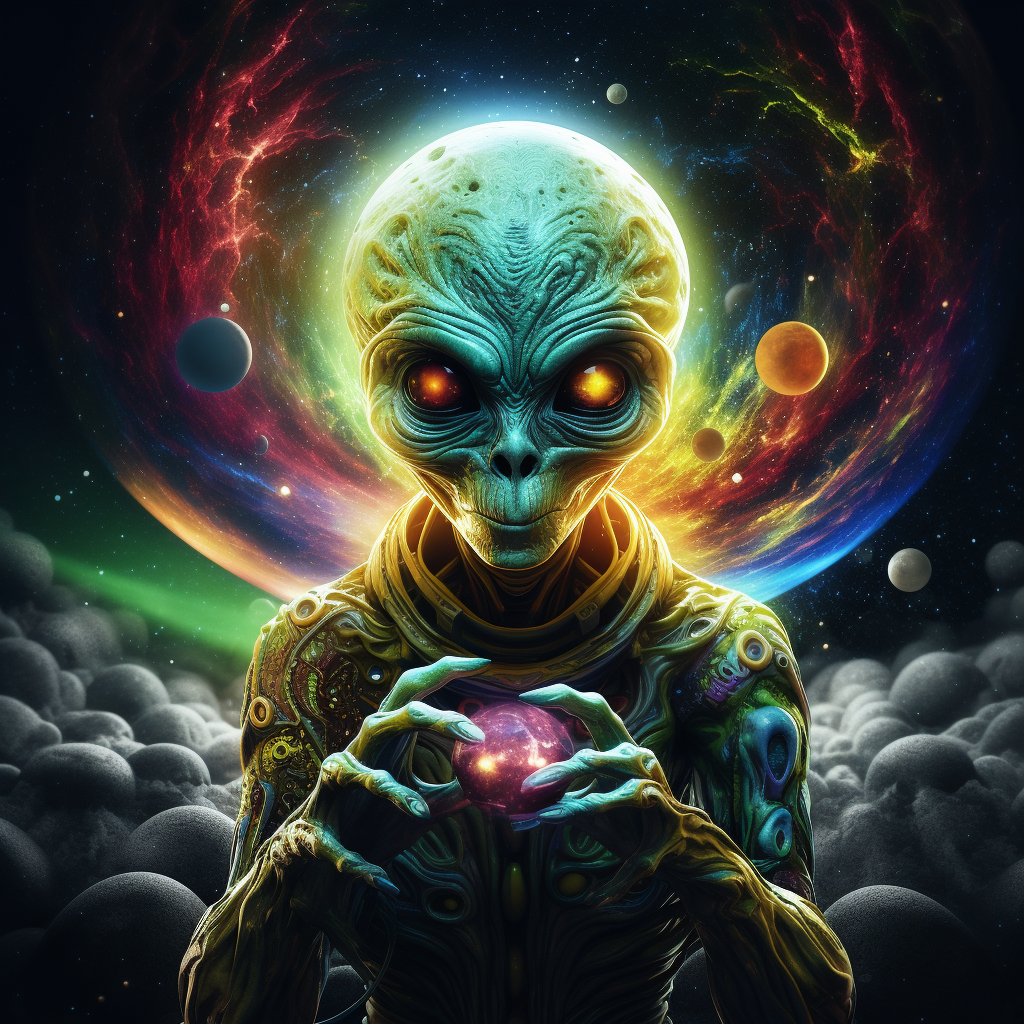 Realistic trippy alien holding moon