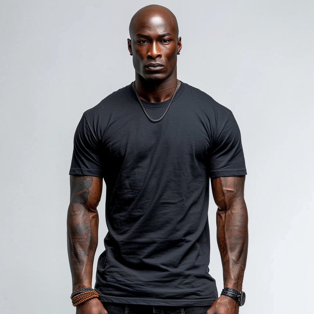 Big muscular male mannequin wearing black t-shirt