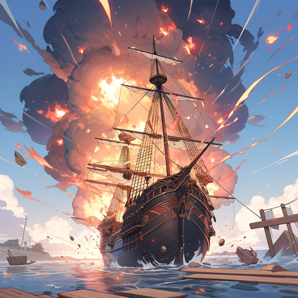 Destruction of Pirate Ship by Explosive Blast