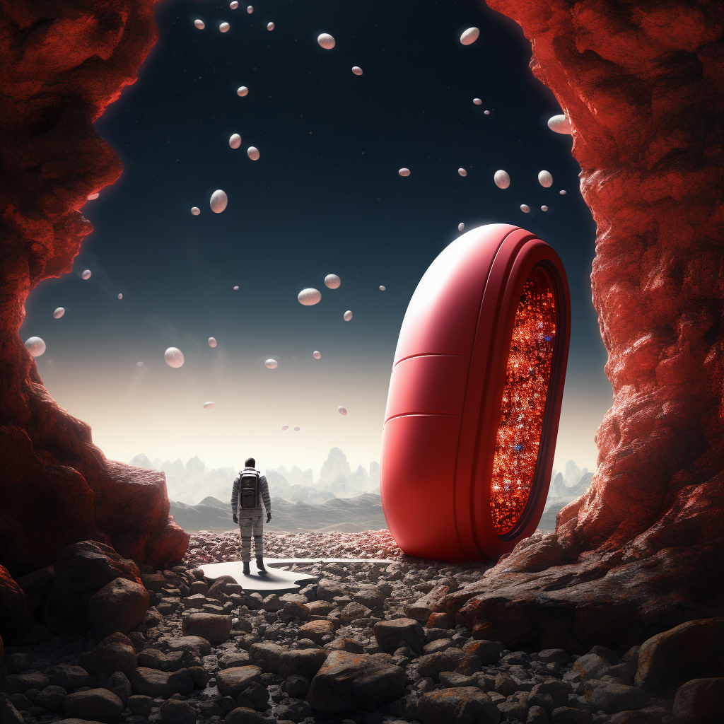 Red and white pill in space