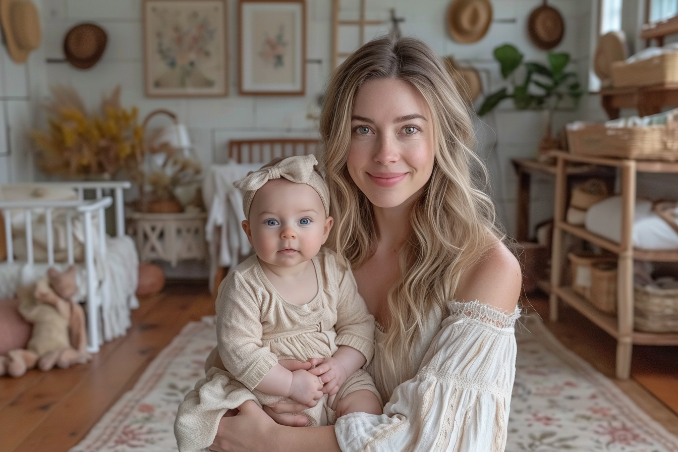 Mom holding baby in nursery room