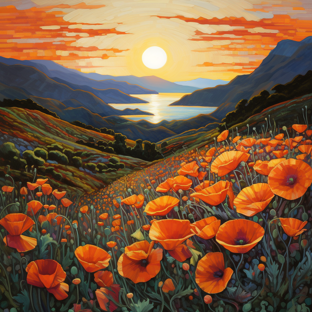 Impressionist painting of Big Sur with poppies at sunset