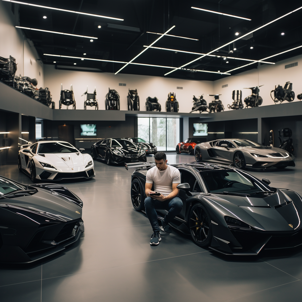 Luxury car garage with expensive supercars