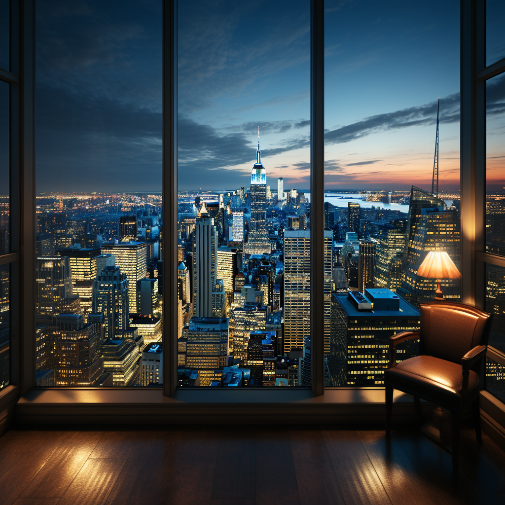 Night view of New York skyscraper through a big window