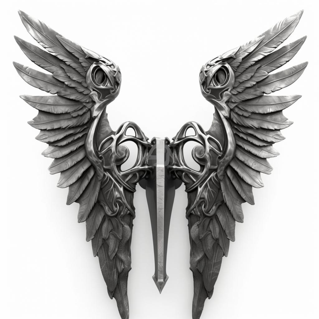 Image of big wings formed by weapons on white background