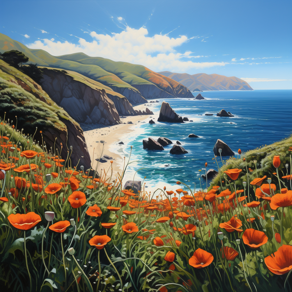 Beautiful Big Sur Landscape with Blooming Poppies