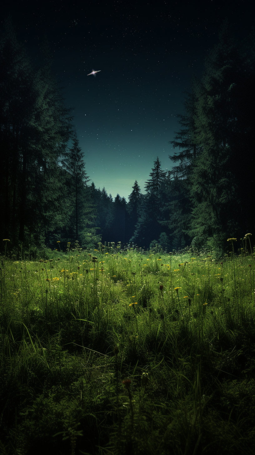 Enchanting bigfood roaming in forest meadow at night