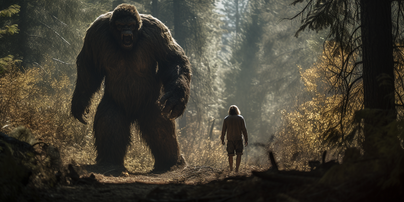 Bigfoot and Bear Surprised in Woods