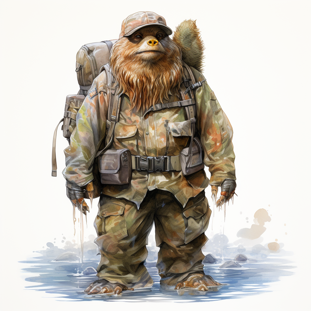 Bigfoot wearing camo clothing, holding a colorful rainbow trout