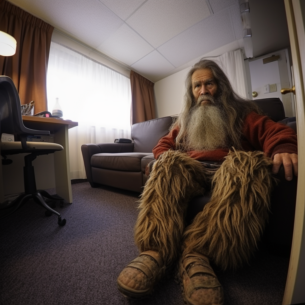 Bigfoot in hotel room with camera