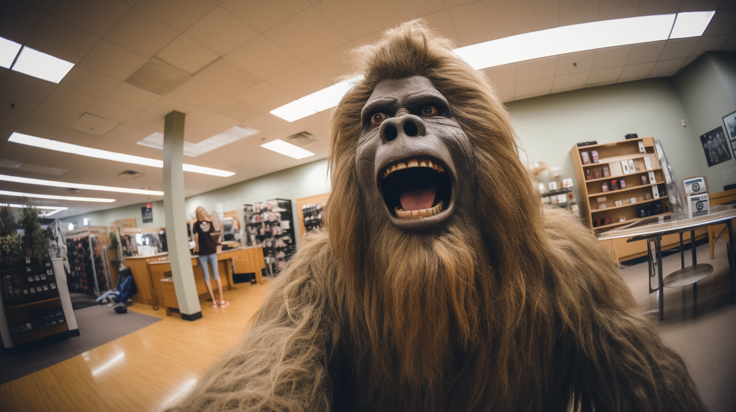 Bigfoot taking a selfie at the bowling alley