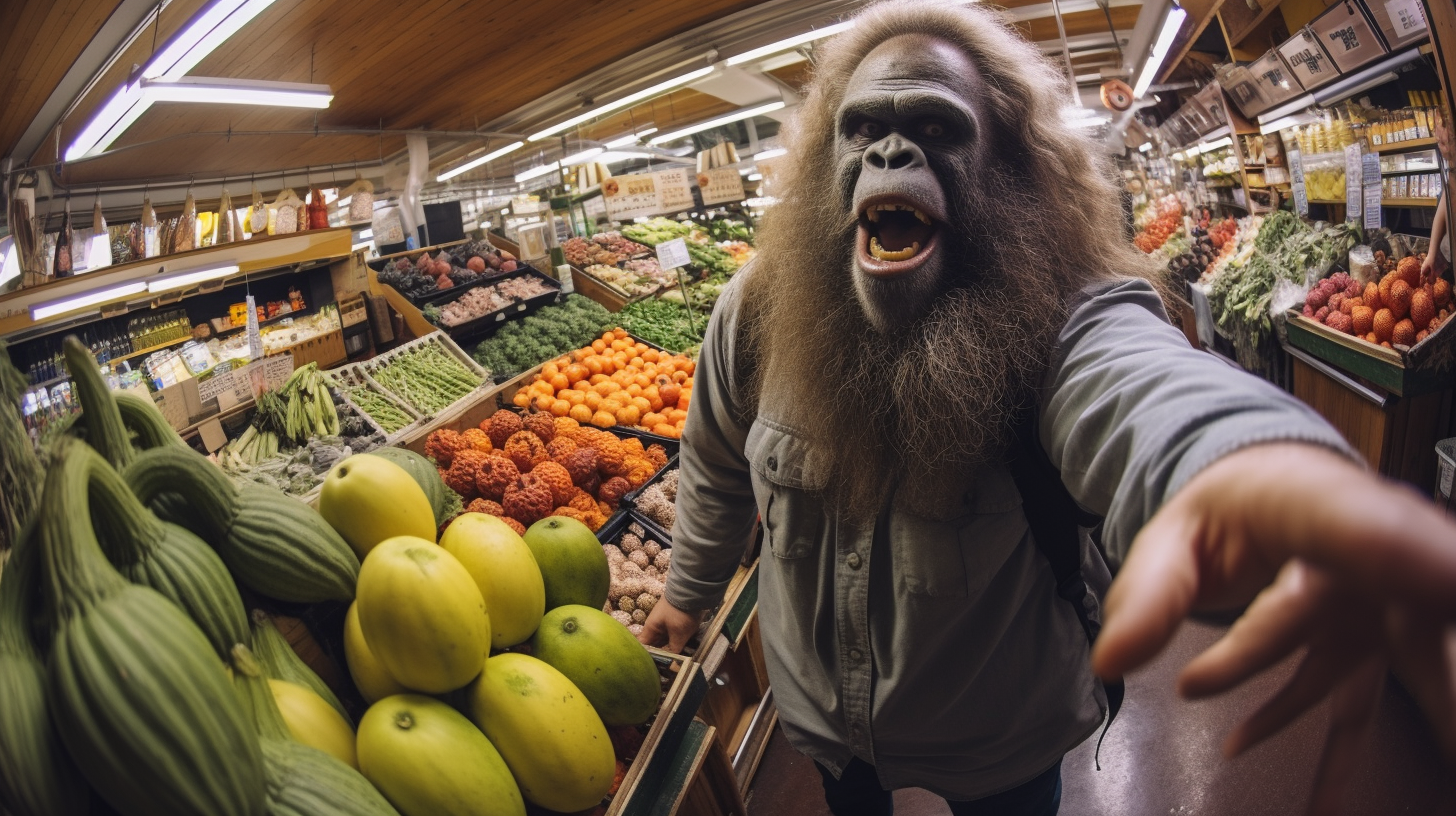 Bigfoot shopping for vegetables in Pike Place Market