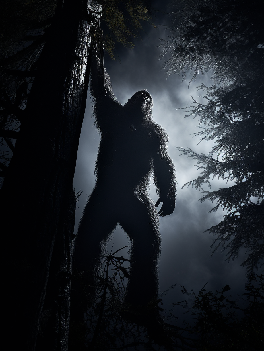 Realistic image of Bigfoot climbing a tree