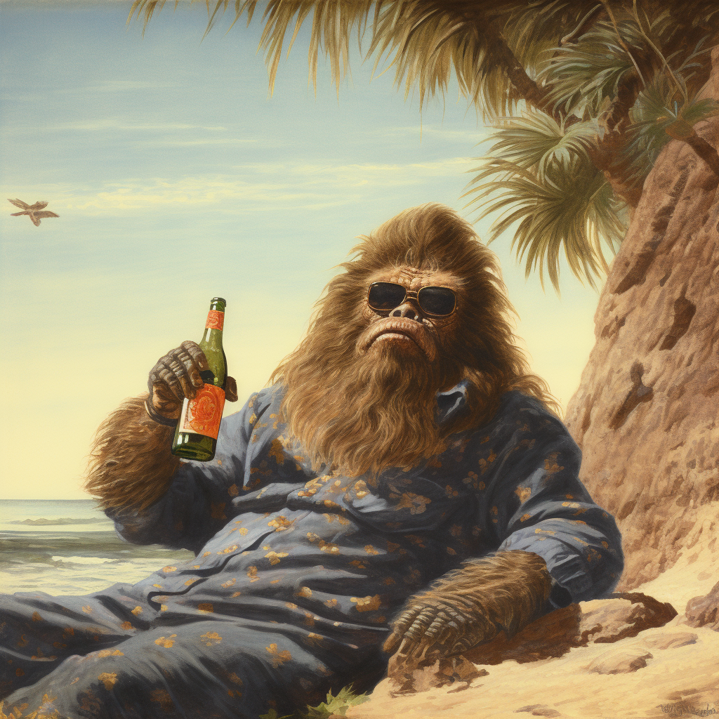 Bigfoot relaxing on the beach with a Margarita