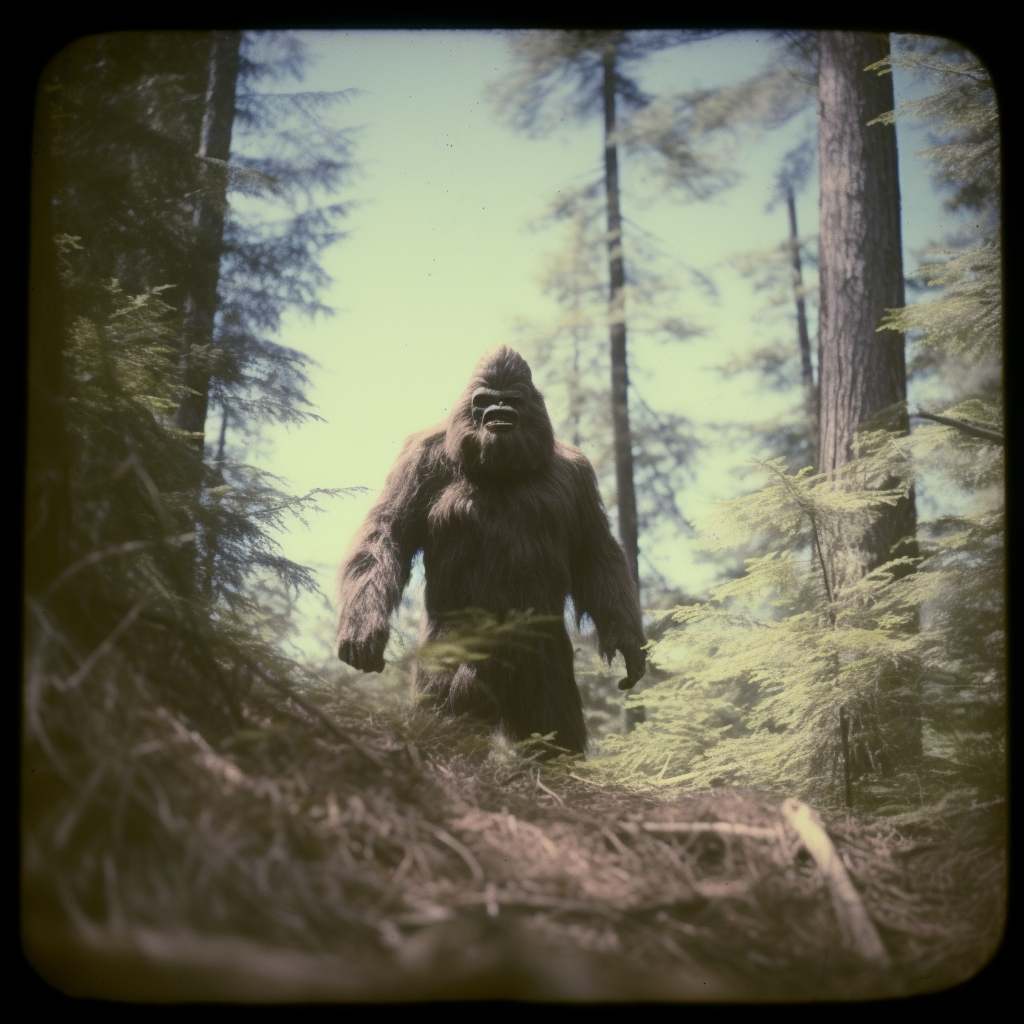 Realistic retro Bigfoot sighting photo