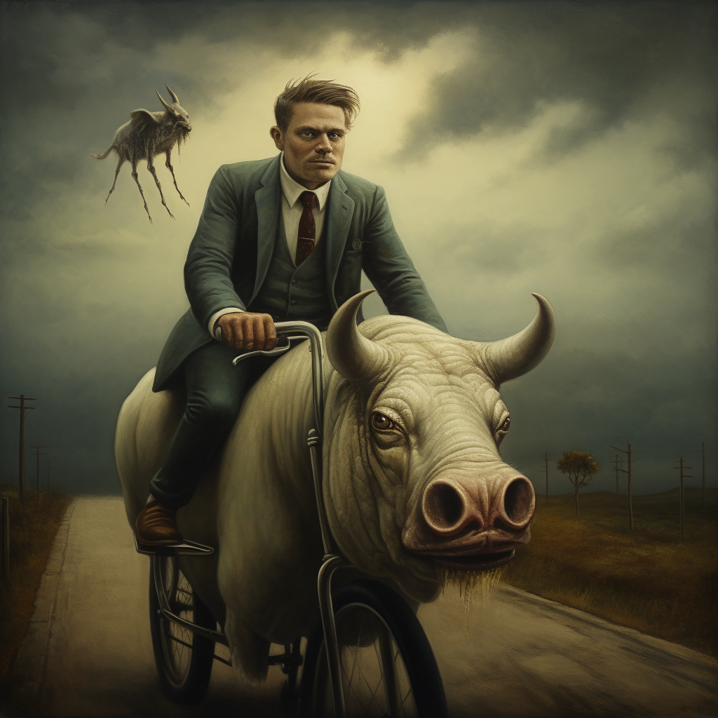 Man riding bike with pig