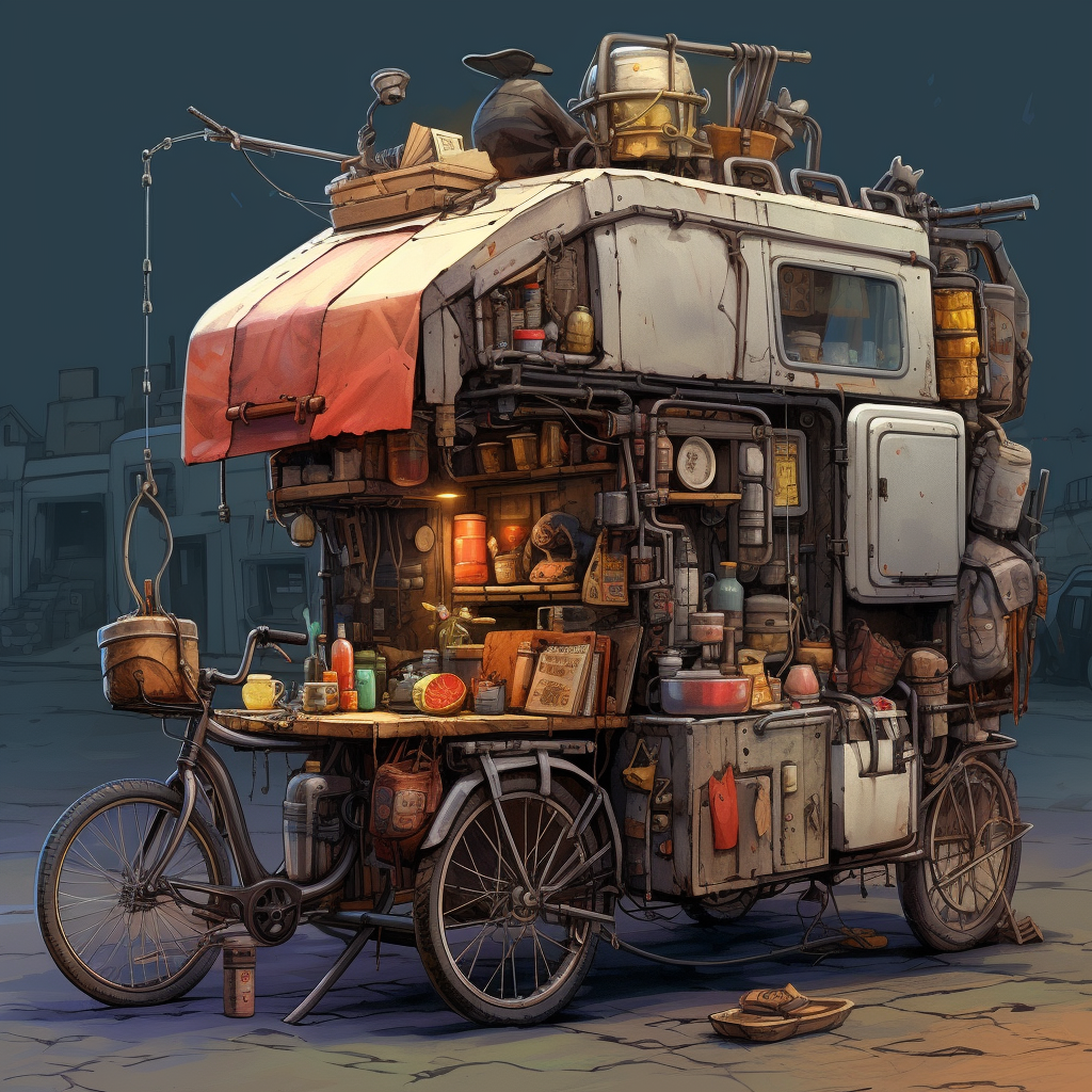 Caretaker with Bike, Tools, and Materials in City