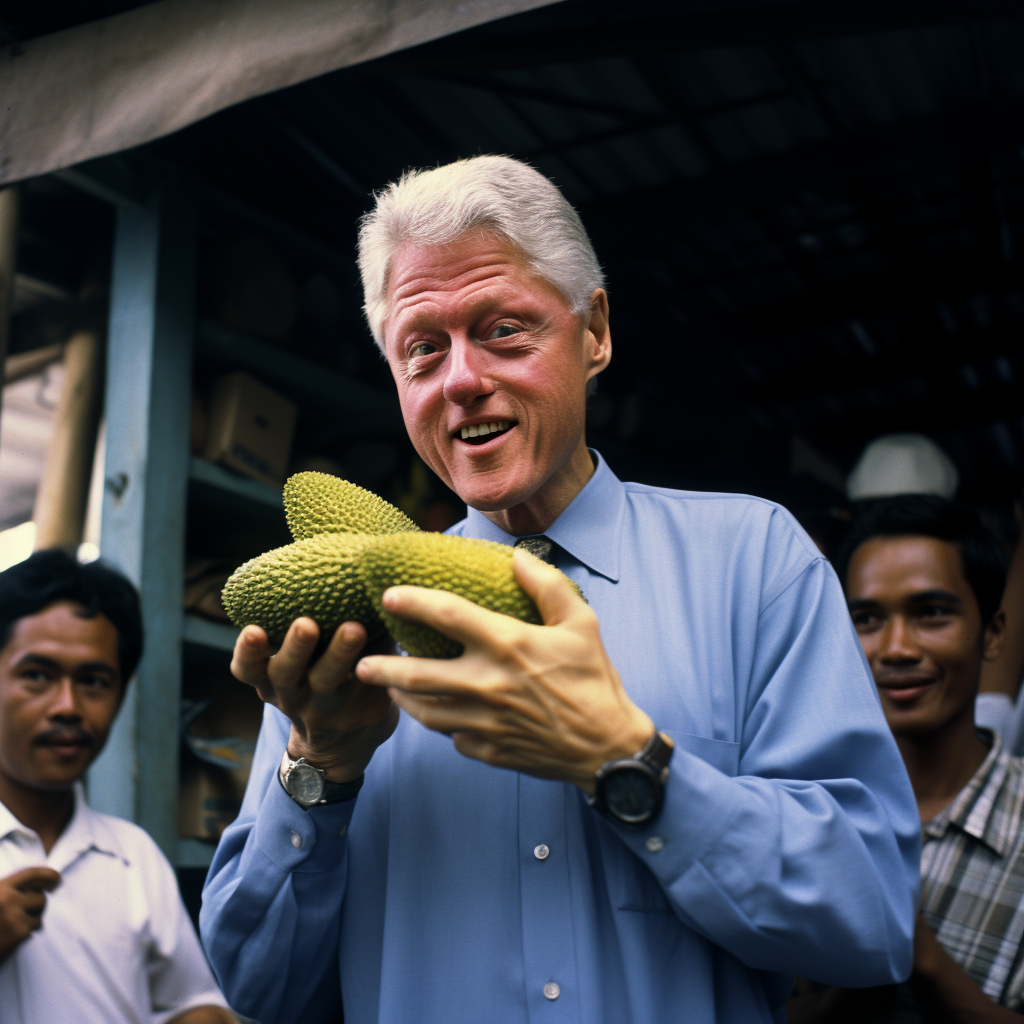 Bill Clinton enjoying durian fruit