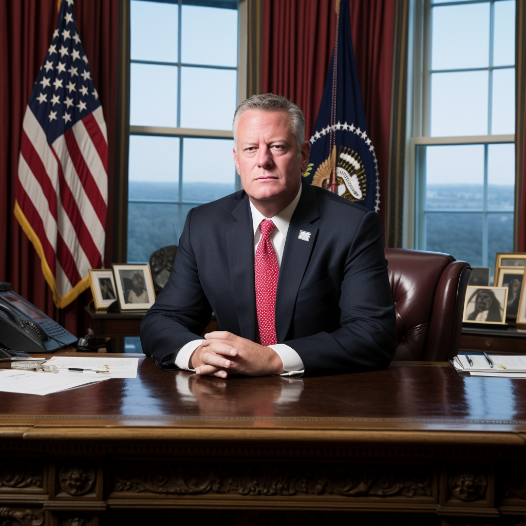 Bill de Blasio sitting at the Oval Office desk