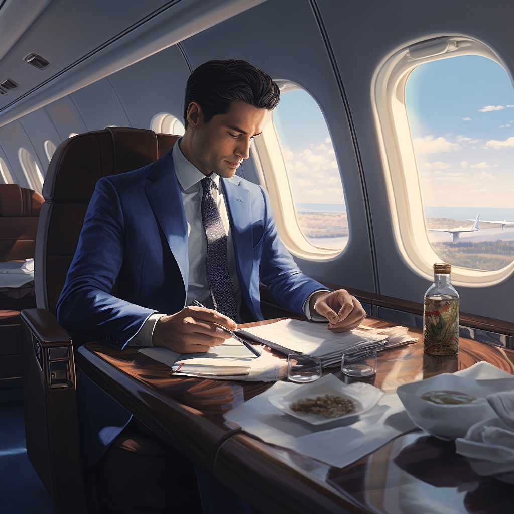 Billionaire private jet lunch window view