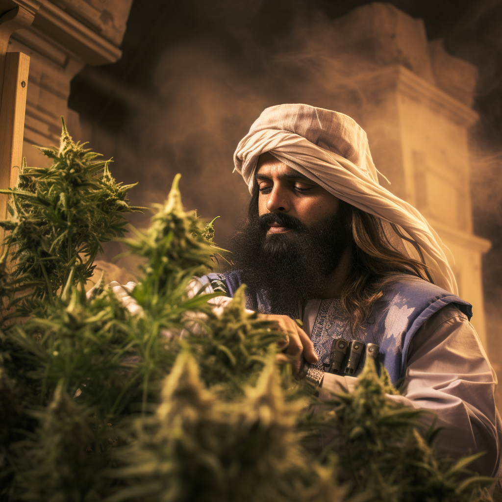 Bin Laden Lookalike surrounded by Marijuana Plants