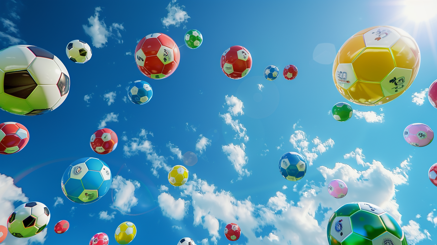 Bingo balls in soccer stadium with blue sky and clouds