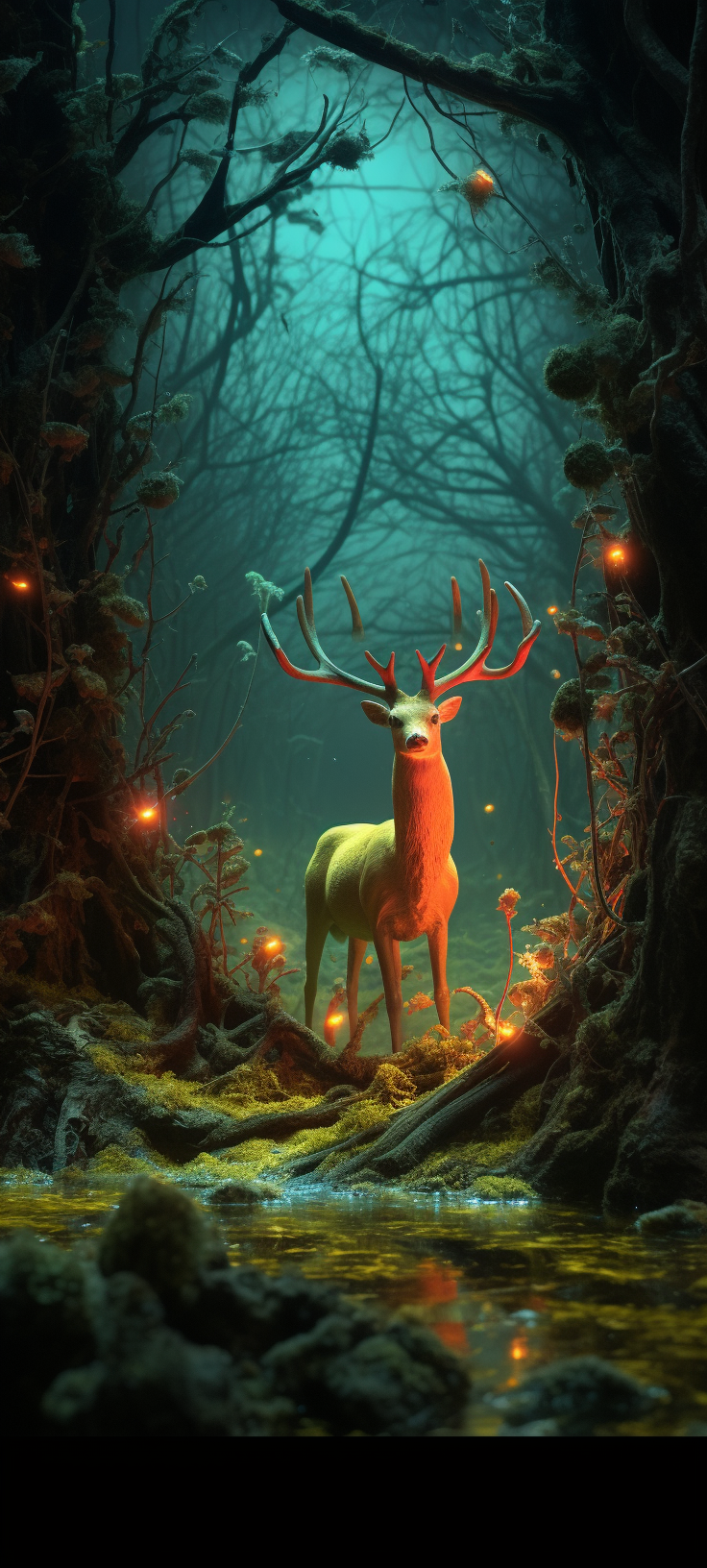 Bioluminescent plants and animals in horror scene