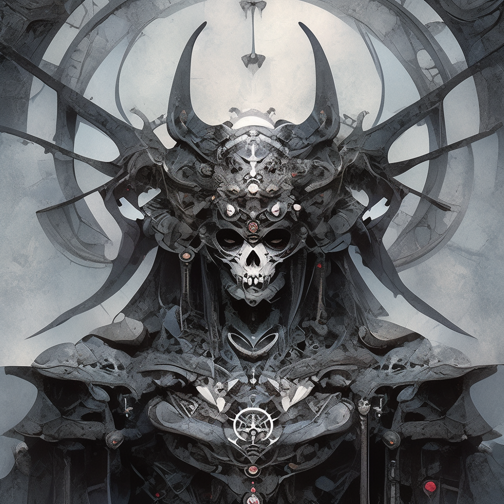 Biomechanical demonic man in ornate armor and cloaks