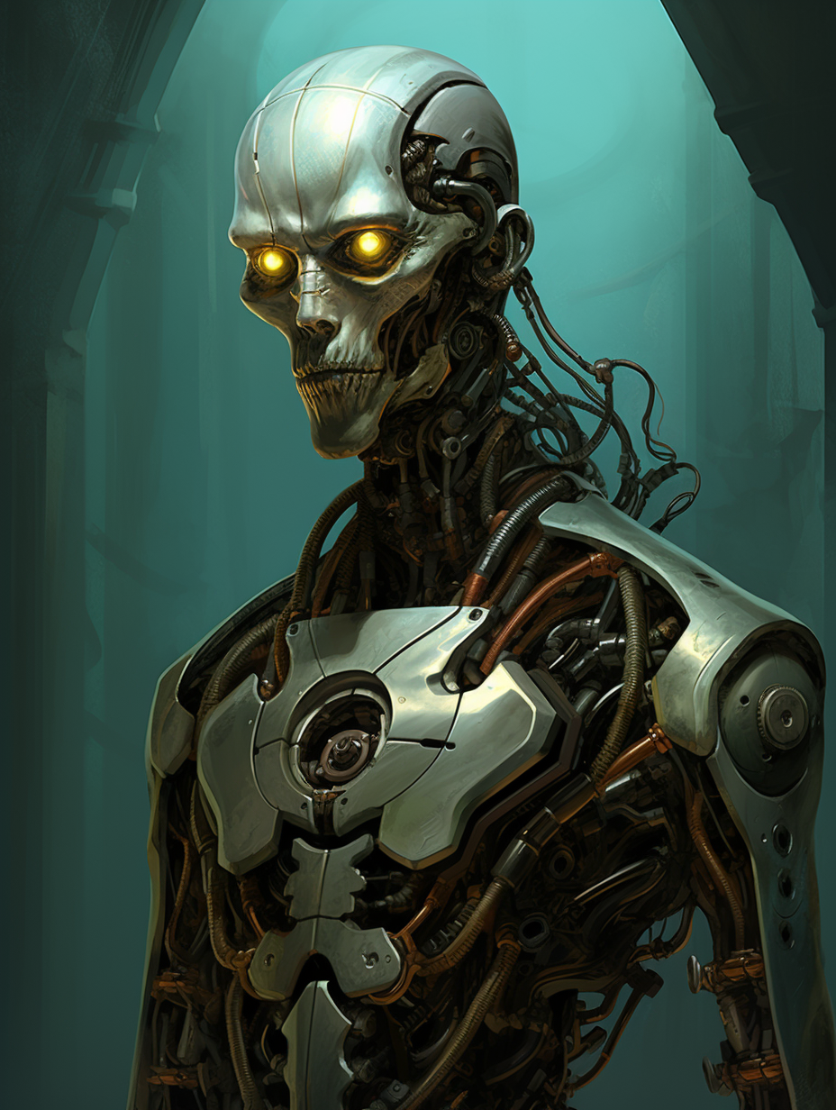 Biomechanical humanoid in eerie comic book style