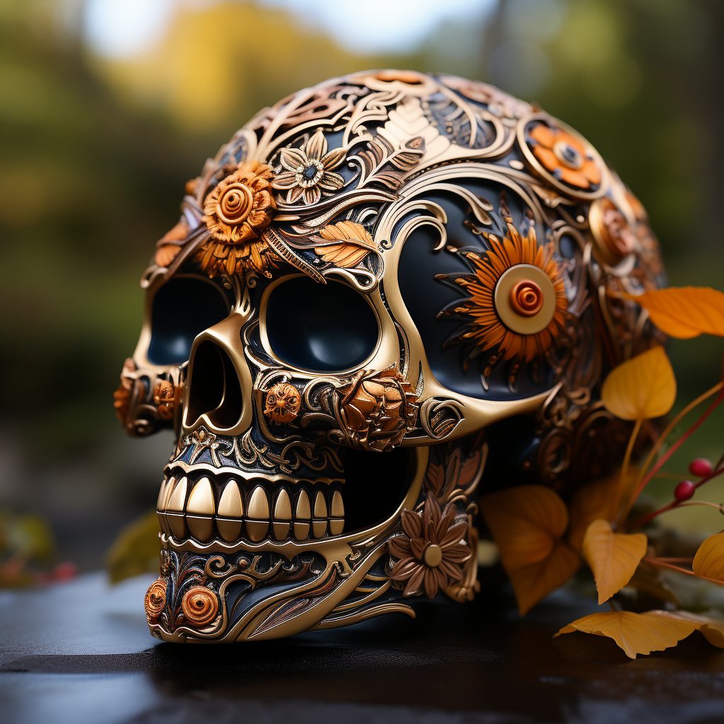 Intricate biomechanical skull with autumn leaves