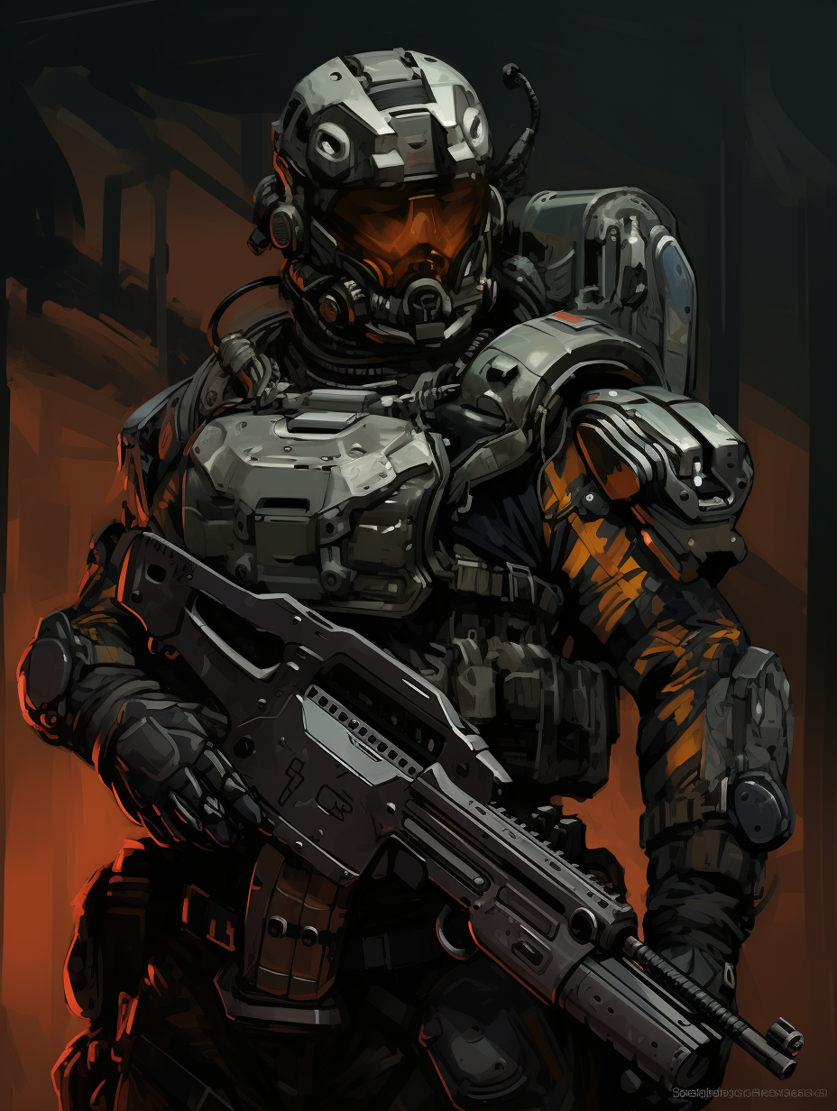 Biomechanical soldier in eerie comic book style concept.