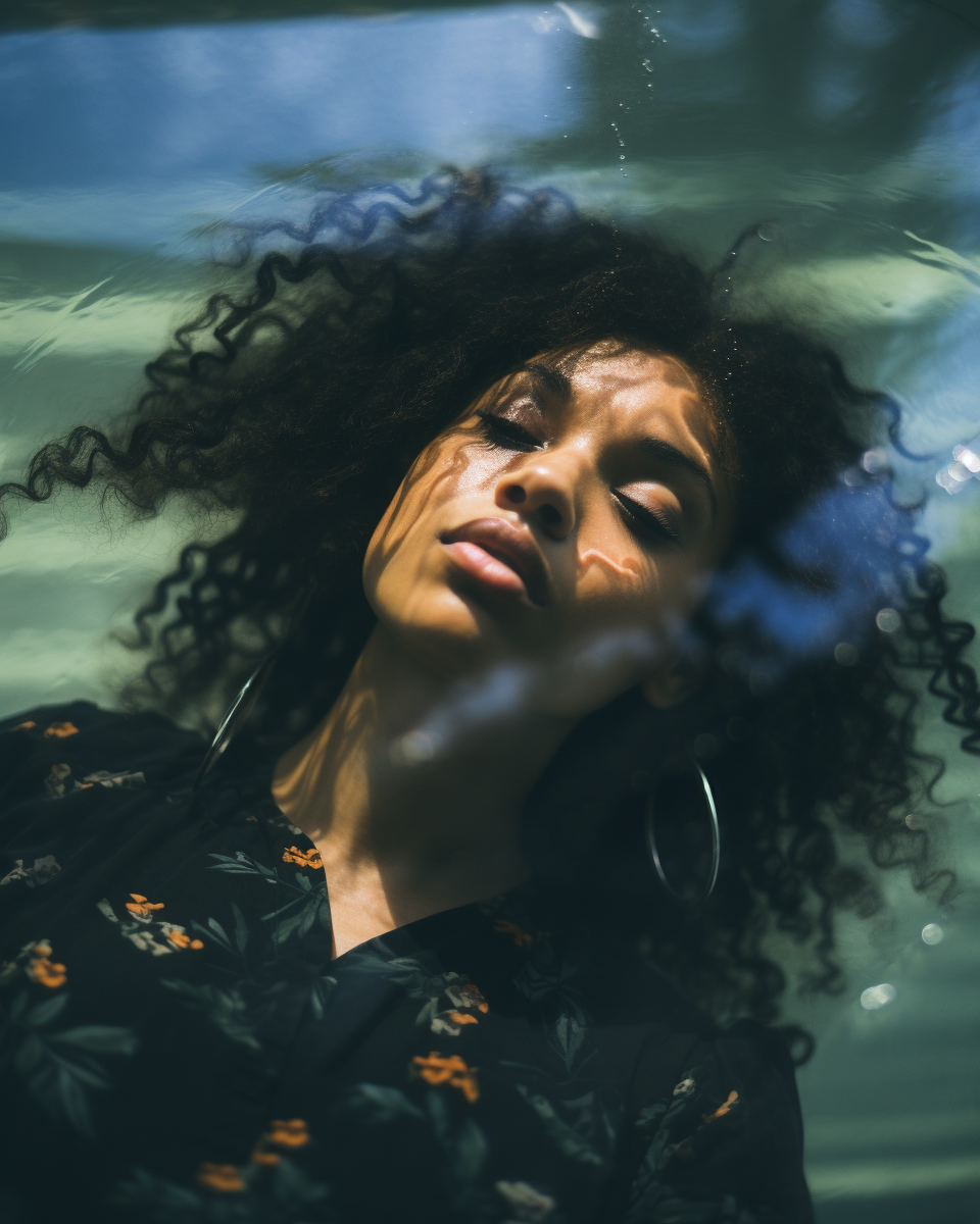 Biracial lady underwater photography in fauvist chromatics