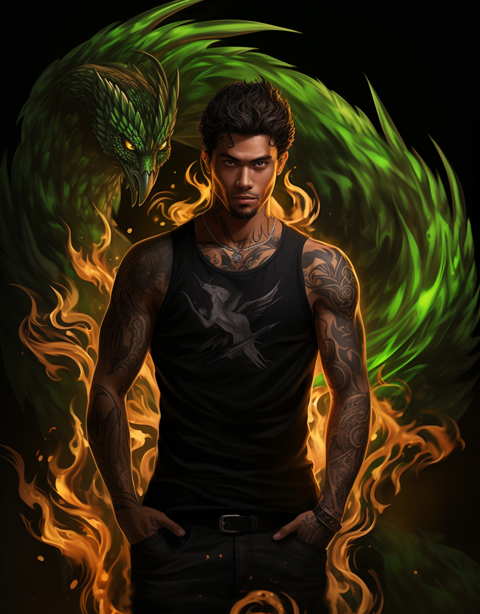 Handsome biracial man with phoenix tattoo